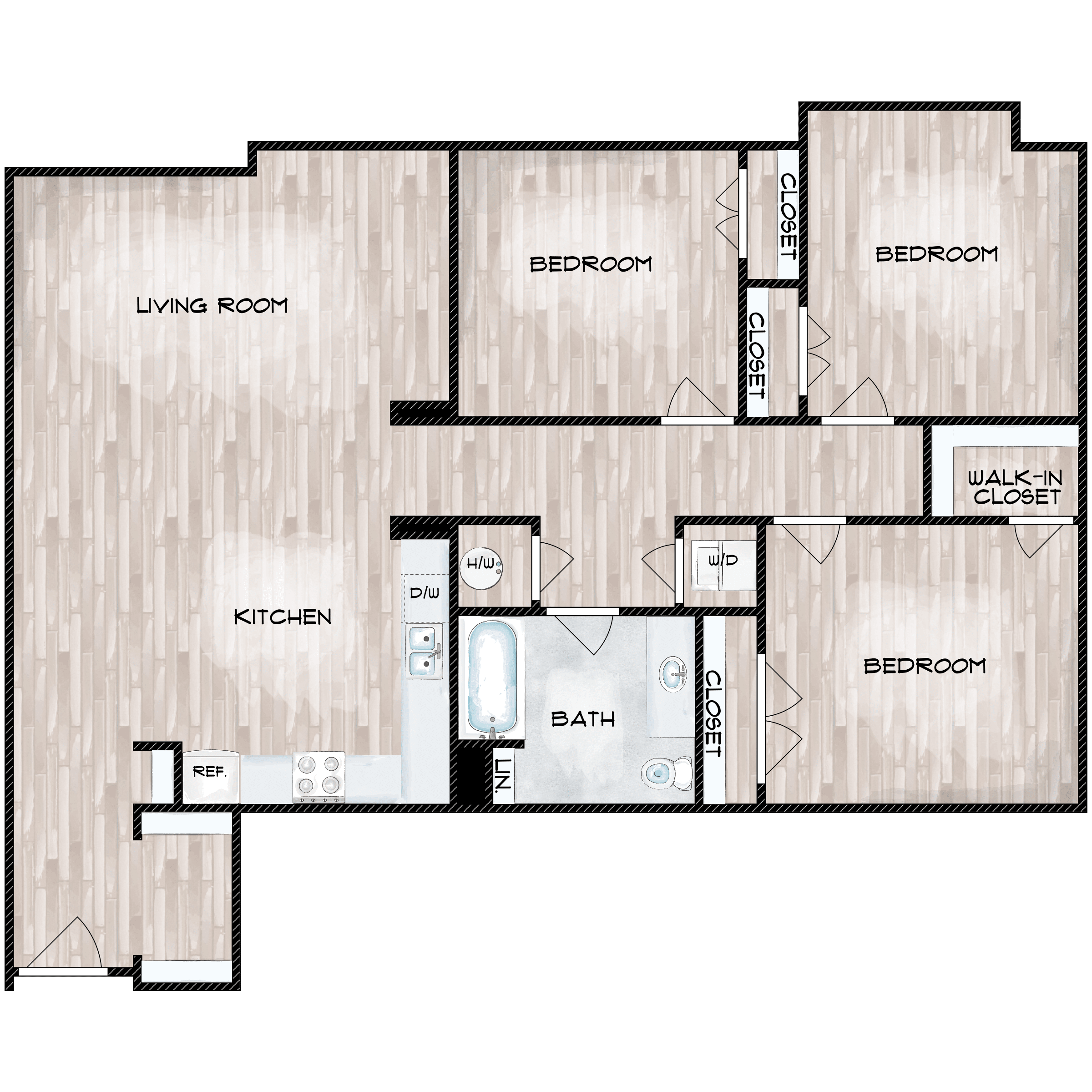 Floor plan for 3 beds, 2 baths, 1285 sqft